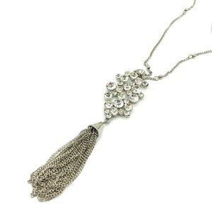 Necklace silver tone clear rhinestone tassel pendant 36" length